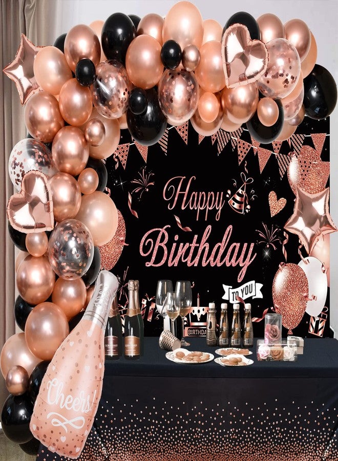 Winrayk Rose Gold and Black Happy Birthday Decorations for Women, Rose Gold Black Balloons Arch & Backdrop Tablecloth Foil Balloons, Women 20th 30th 40th 50th Birthday Party Decorations - Image 1